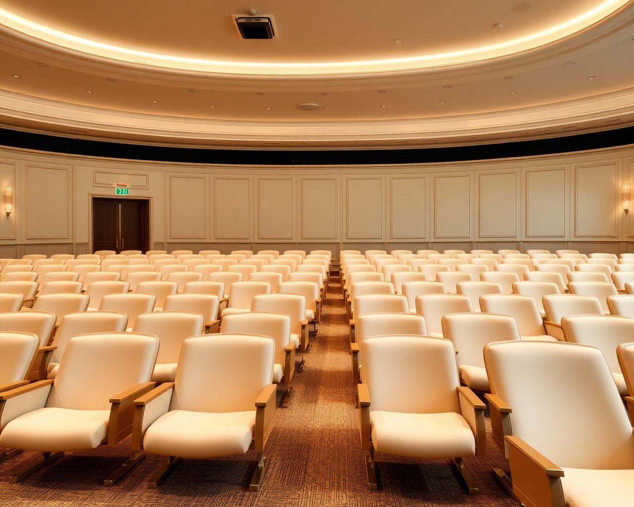 Auditorio elegante en tonos marfil, sede conceptual de Creator Future Academy