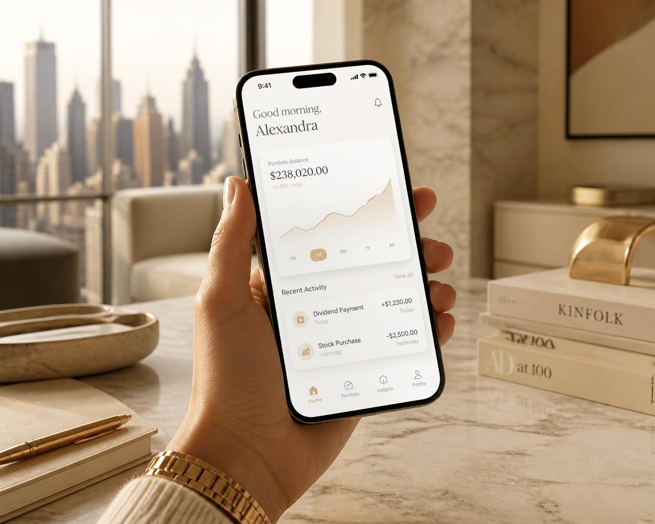 Aplicación móvil con interfaz elegante en tonos marfil y dorado — App Development de Creator Future Advance